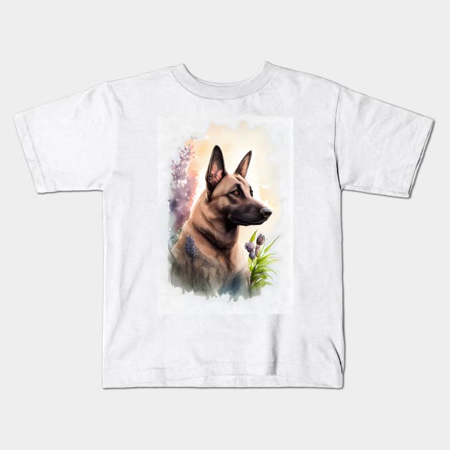 A Belgian Malinois Dog in a Garden Watercolor Kids T-Shirt by designs4days